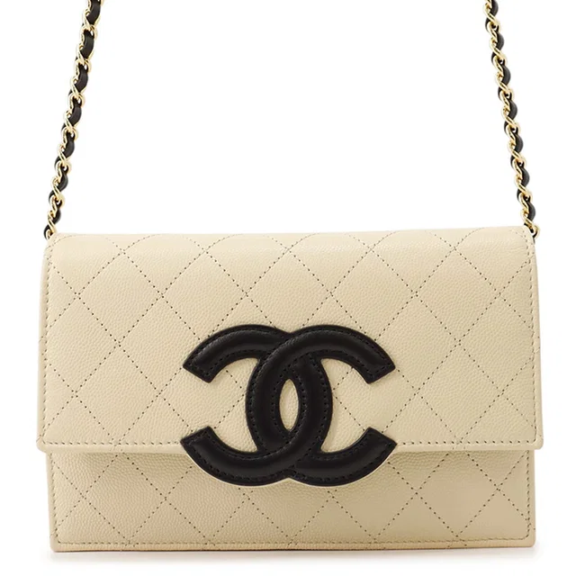 Chanel CC Logo Chain Wallet Beige/BlackAP5455 Caviar Leather in Beige Caviar leather from GALLERY RARE