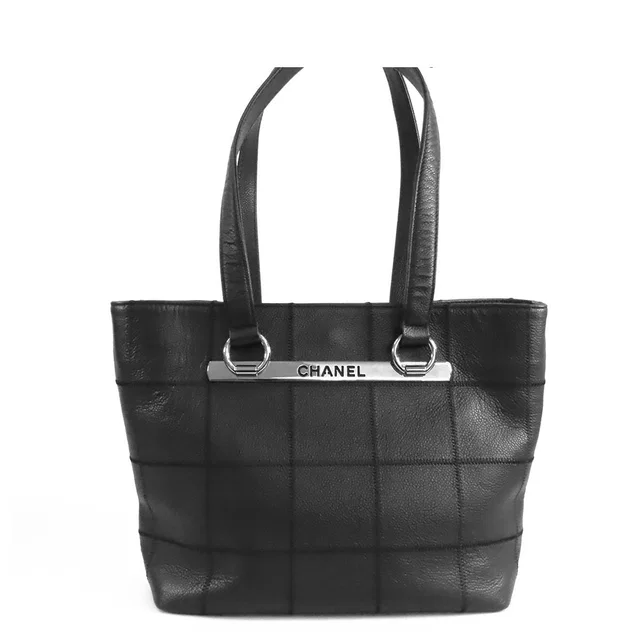 Chanel Choco Bar Tote Black Silver Caviar Leather Logo Plate Shoulder Bag in Black Caviar leather from The Reluxe