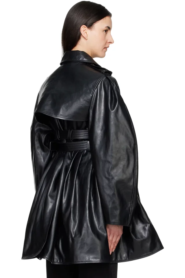 GANNI Black Peplum Recycled Leather Trench Coat, photo 3 of 4 from SSENSE