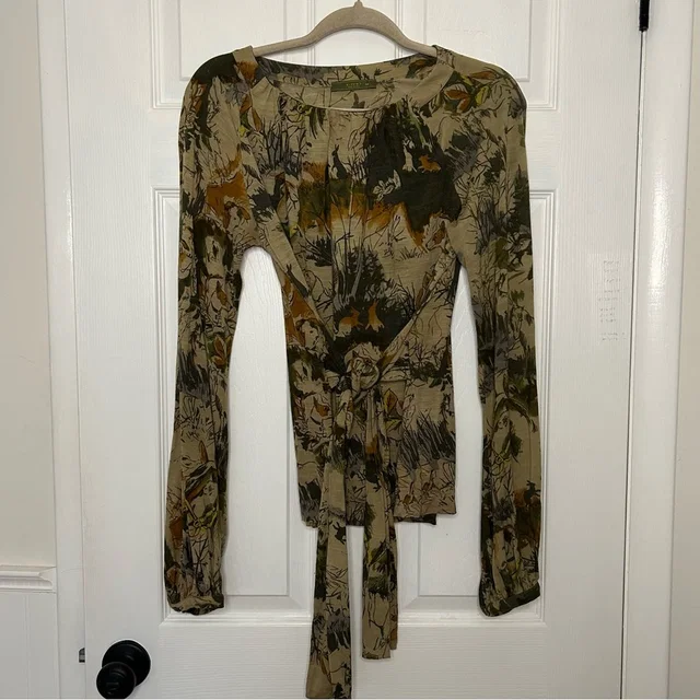 Etro Horse Dog Camo Print Belted Wool Top in green|neutral|brown Wool from Poshmark