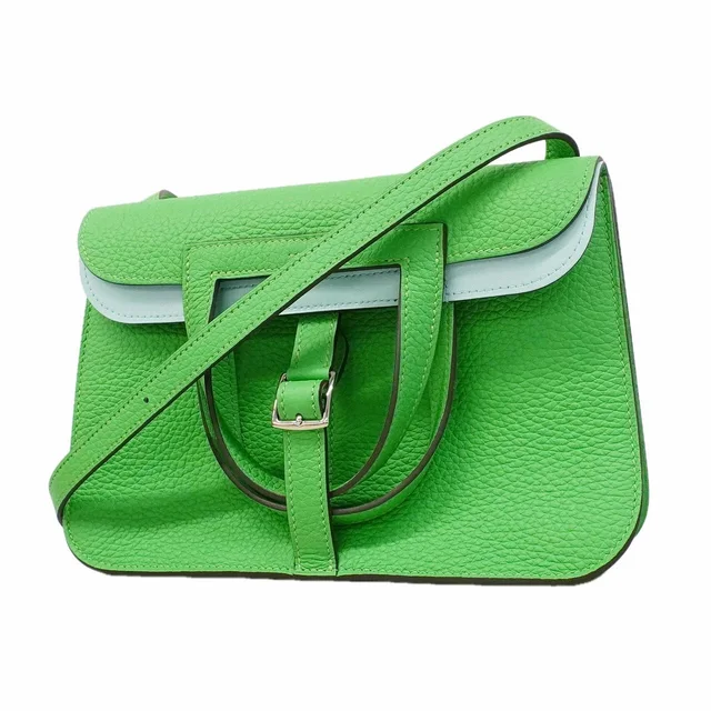 Hermès Handbag Halzan Verso Taurillon Clemence Vert Comic Celeste Silver 2-Way in Green Clemence leather from The Reluxe