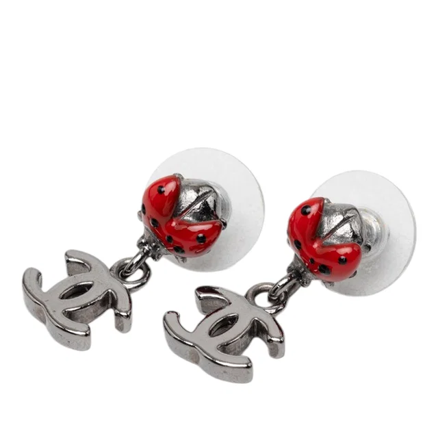 Red Chanel Brass and Enamel Lady Bug CC Drop Bullet Backs Earrings in Red from Designer Revival