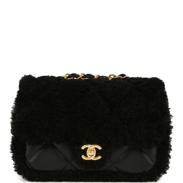 Chanel Mini Shearling Flap Bag Black Lambskin Brushed Gold Hardware in Black Lambskin from Madison Avenue Couture