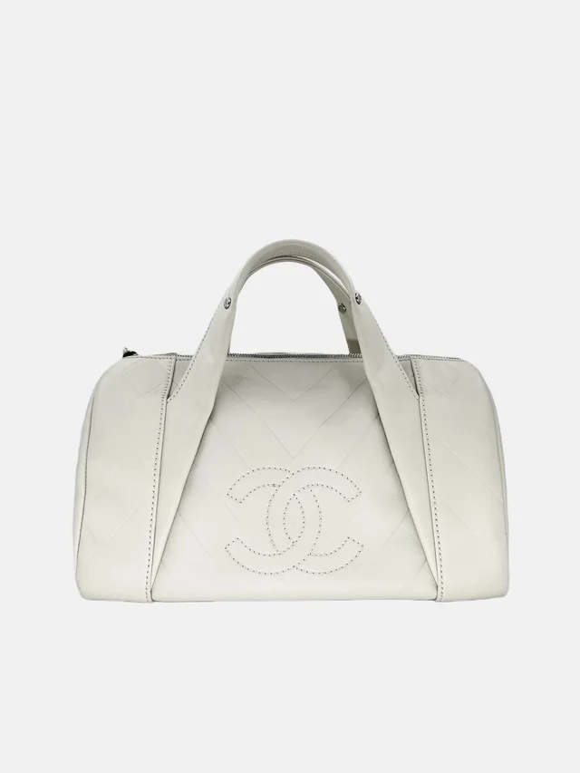 Chanel Cream Calfskin Chevron Boston Bowler Bag in White Calfskin from SparklesnDreams