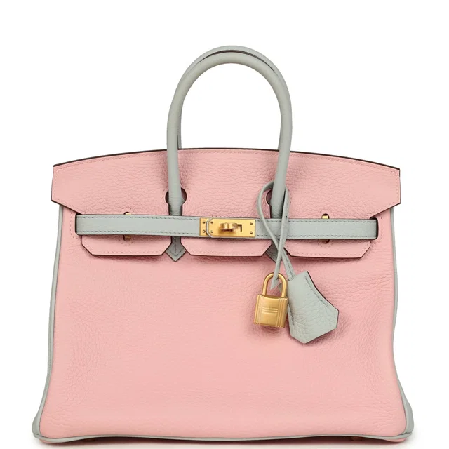 Hermès Special Order (HSS) Birkin 25 Rose Sakura, Bleu Pale Clemence Brushed Gold Hardware in Pink/Blue Clemence from Madison Avenue Couture