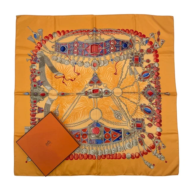 Hermès Silk Scarf Terres Precieuses Precious Places Orange in Orange Silk from The Reluxe