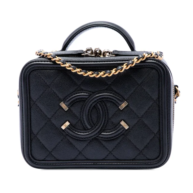 Black Chanel Small Caviar CC Filigree Vanity Case Satchel in Black Caviar leather from Designer Revival