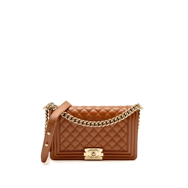 Chanel Medium Boy Bag Caviar Dark Brown LGHW (Microchip) in Brown Caviar leather from EMIER