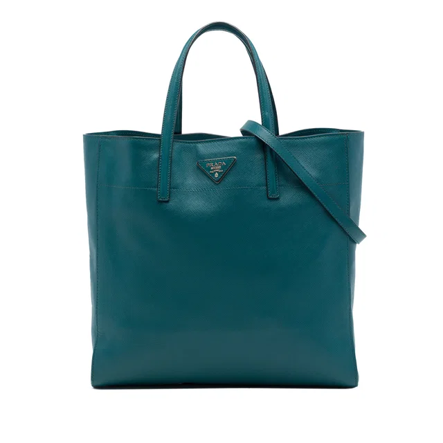 Blue Prada Saffiano Soft Triple Pocket Tote Satchel in Blue Saffiano leather from Designer Revival