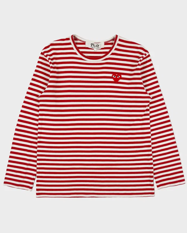 Comme des Garçons PLAY Heavyweight Striped Embroidered Heart Single Stitch Long Sleeve Crewneck T-Shirt - L from Rokit Vintage