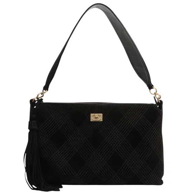 Chanel Circa 2001 Suede Wild Stitch Square CC Turnlock Shoulder Bag Black in Black Suede from VINTAGE QOO TOKYO