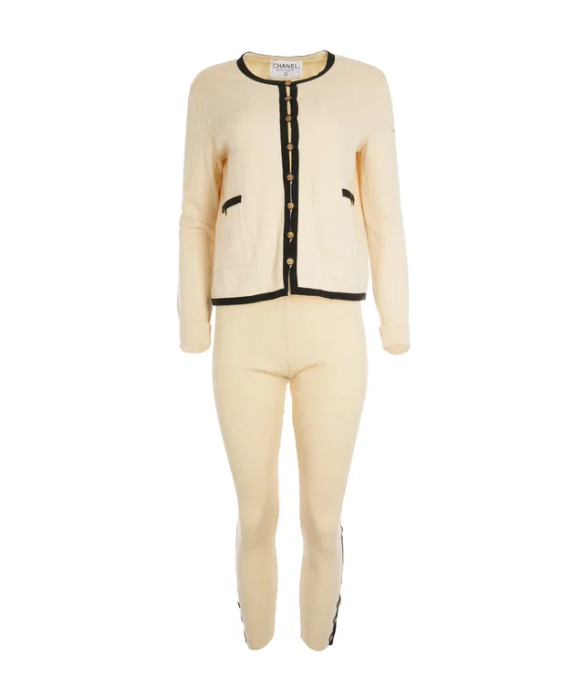 Chanel CC Buttons Knit Jacket & Pants Set Cream in White from Luxury Promise