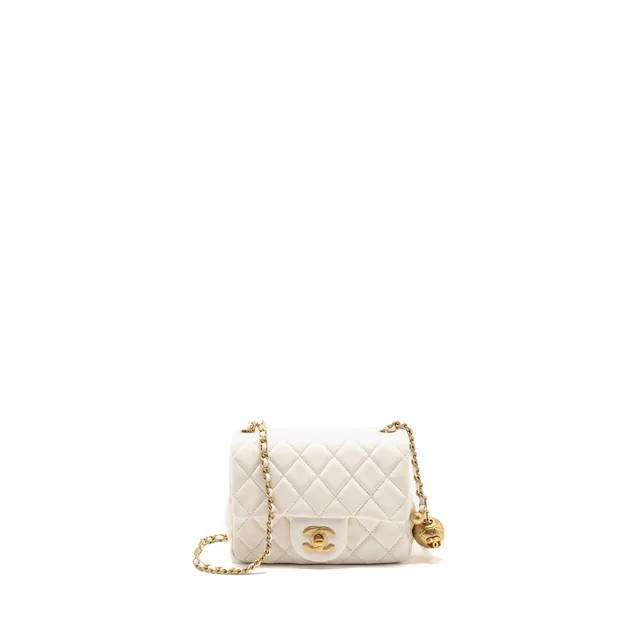 Chanel Pearl Crush Mini Square Flap Bag Lambskin White GHW (Microchip) in White Lambskin from EMIER