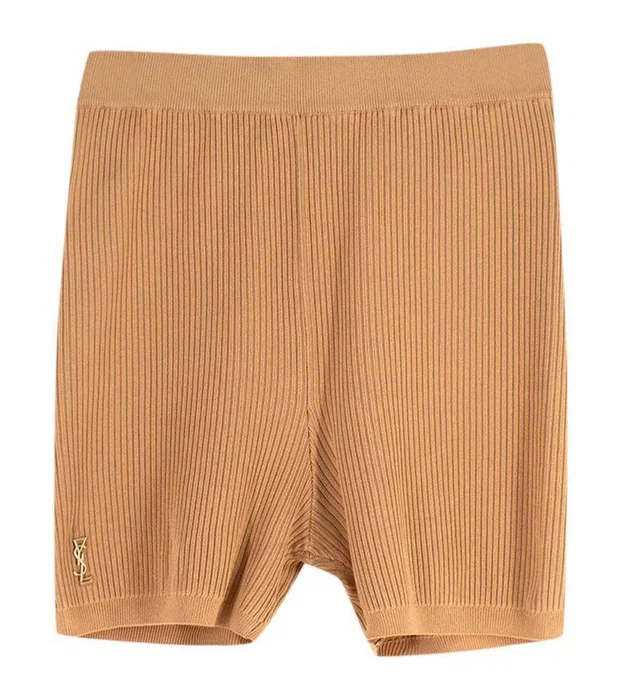 Saint Laurent Camel Ribbed Cycling Shorts in Brown from HEWI