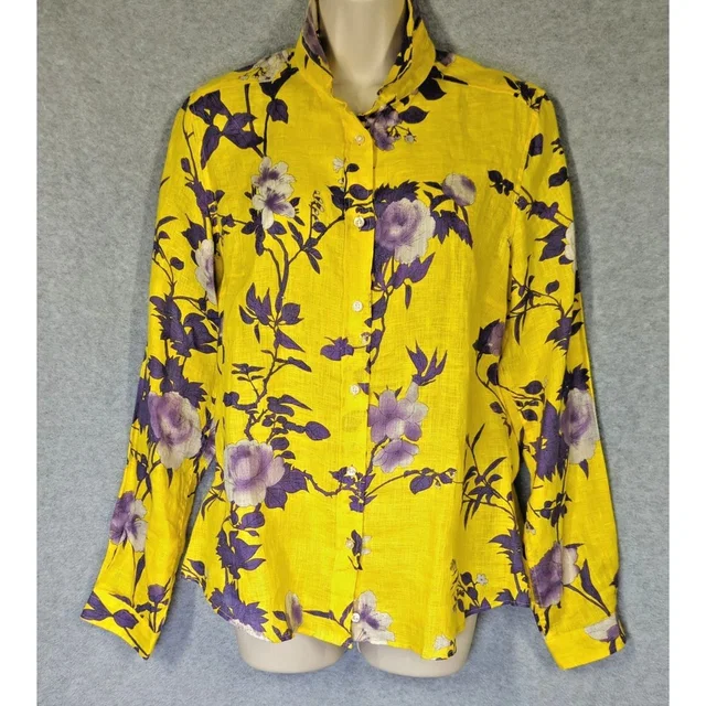Etro Blouse Women 46 (Us10) Linen Yellow Purple Floral Print Made In Italy Chic in yellow from Poshmark