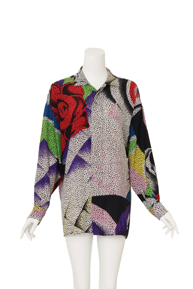 Versace Abstract Rose Spot Silk Blouse in Pink Silk from Recess LA