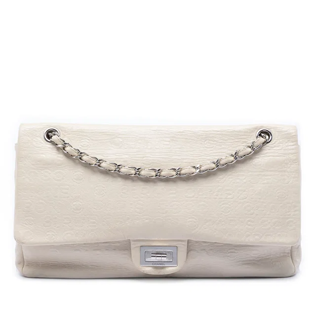 White Chanel Maxi Embossed Calfskin 31 Rue Cambon Reissue 2.55 Double Flap Shoulder Bag in White Calfskin from Designer Revival
