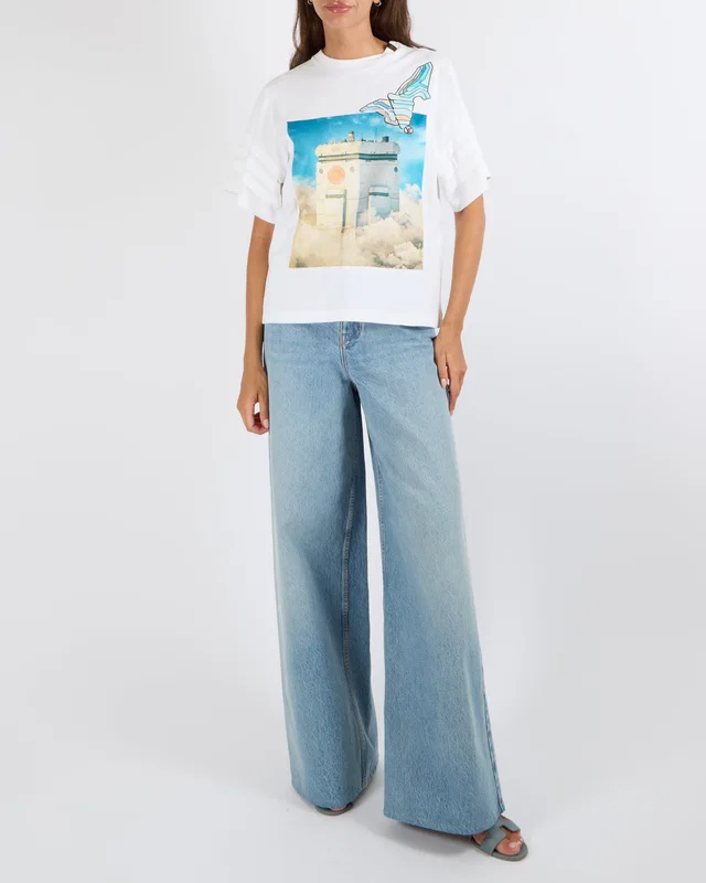 White Short-Sleeved T-Shirt with City Guide Print and LV Logo Detail with Textured Plain Print… in White from Sellier