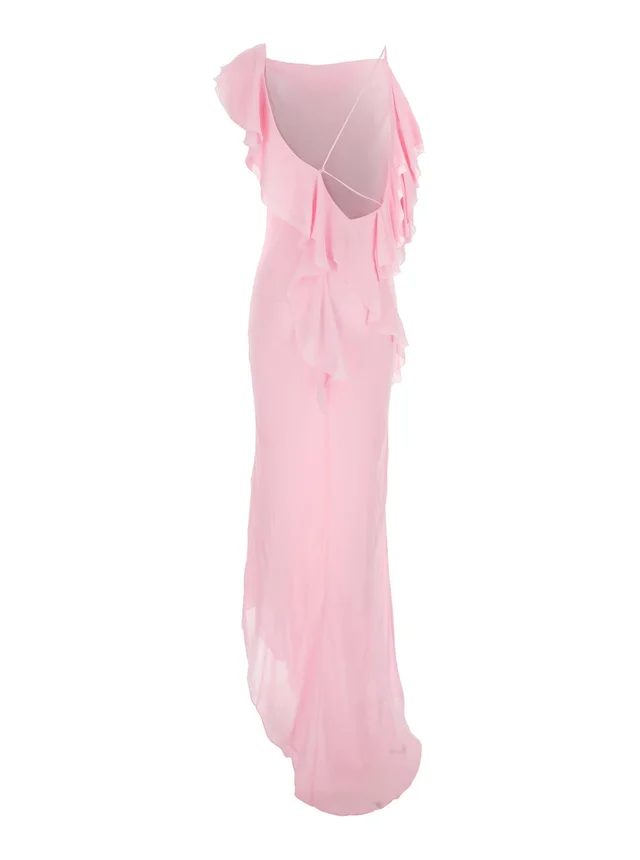 SELF-PORTRAIT Pink Long Dress with Ruffles in Georgette for Women in Pink 100% Fabric, photo 4 of 6 from Gaudenzi Boutique