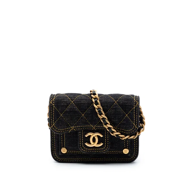 Blue Chanel Mini Quilted Denim Double You Card Holder with Chain Crossbody Bag in Blue Denim from Designer Revival