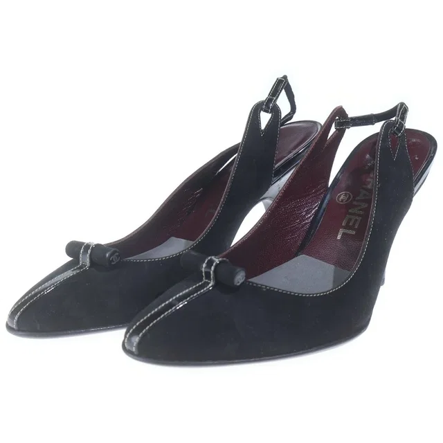 Chanel CC Logo Suede Leather Heels Slingback Pumps Shoes Black in Black Suede from The Reluxe