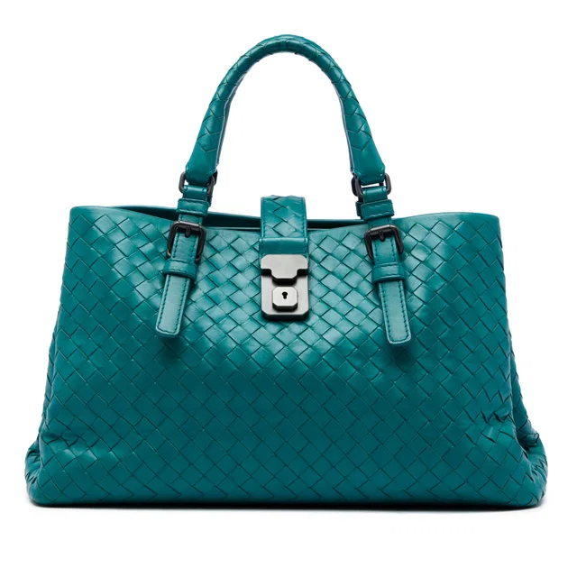 Blue Bottega Veneta Small Nappa Intrecciato Roma Satchel in Blue Nappa leather from Designer Revival