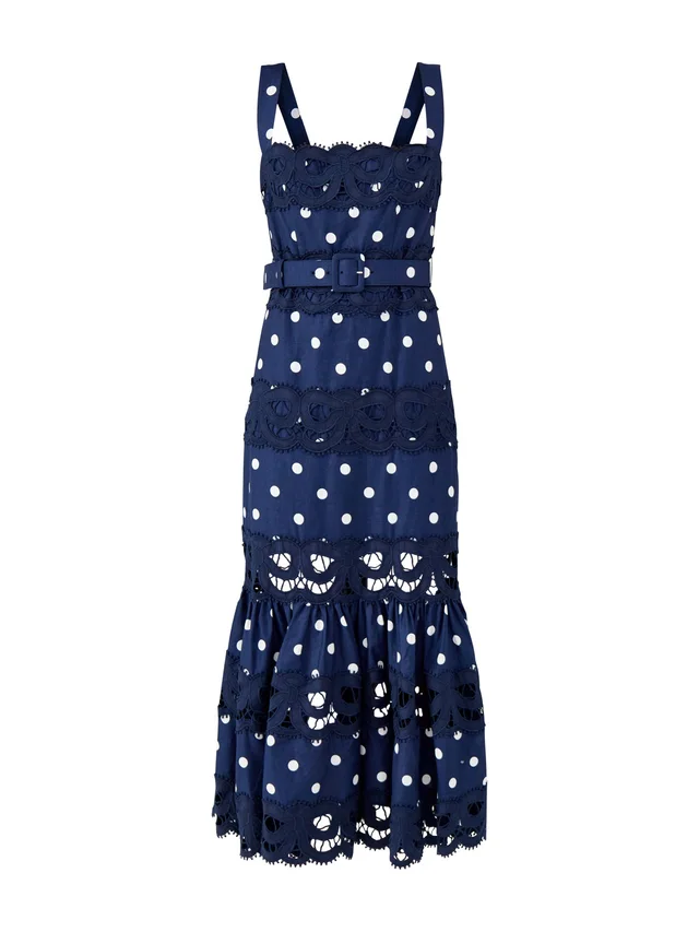 Self-Portrait Navy Polka Dot Linen Midi Dress in Blue from Fenwick, photo 1 of 1
