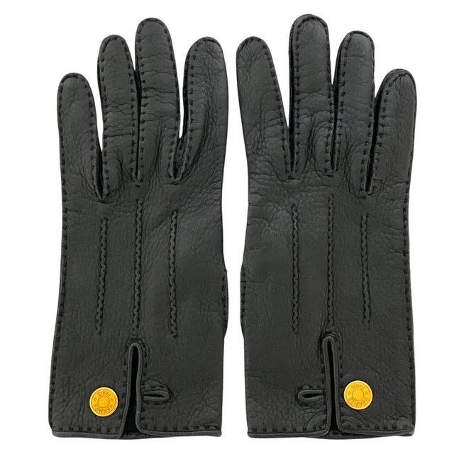 Hermès Sellier Buttons Deerskin Leather Gloves Black in Black Leather from The Reluxe