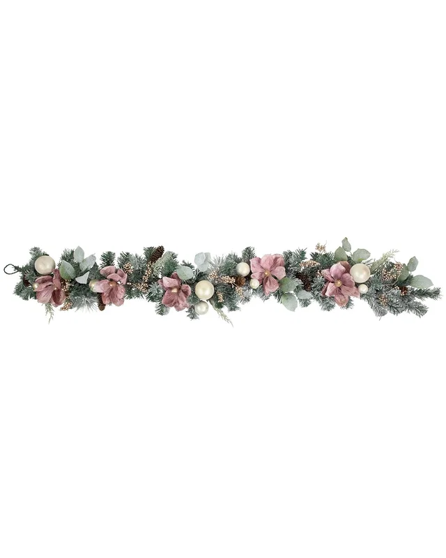 Northlight 6ft Pink Floral & Ball Ornament Frosted Pine Artificial Garland, image 1 of 1 from Rue La La