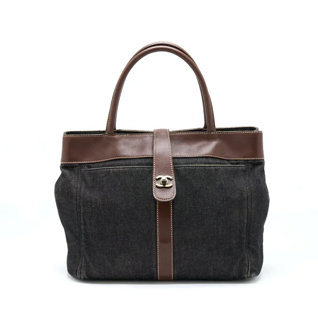 Chanel Vintage Denim Tote Bag Dark Blue/ Brown Ruthenium Sliver Hardware in Brown Denim from EMIER