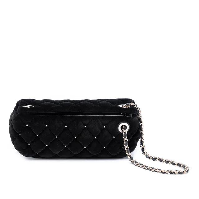 Black Chanel Quilted Velvet Diamante Wristlet Clutch in Black Velvet from Designer Revival