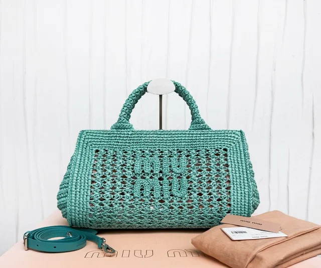 MIUMIU Green Straw Shoulder Bag 29 (Chip) in Green Raffia from Luxury Promise