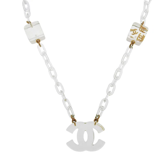 2001 CHANEL Clear Cube CC Mark Necklace Gold/Clear in Gold from VINTAGE QOO TOKYO
