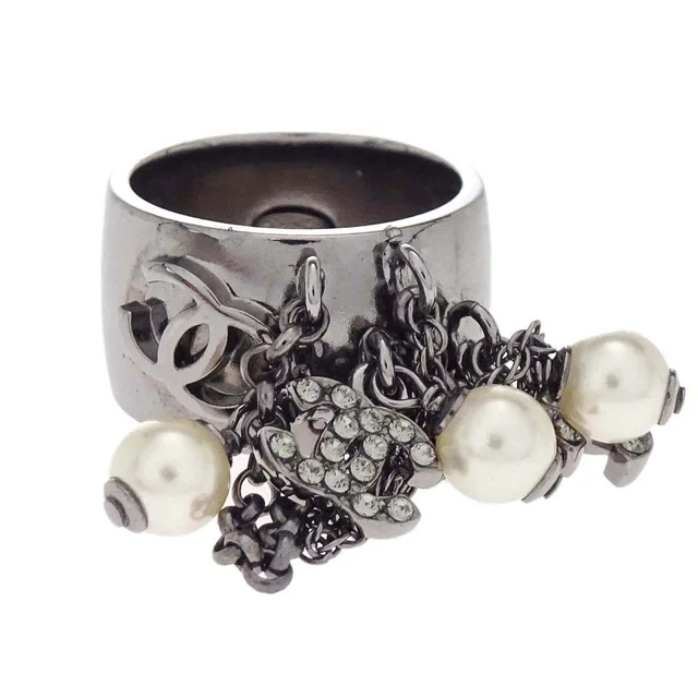 Chanel Ring Silver Rhinestone Costume Pearl Fringe #53 10A in Silver from AMORE Vintage Tokyo