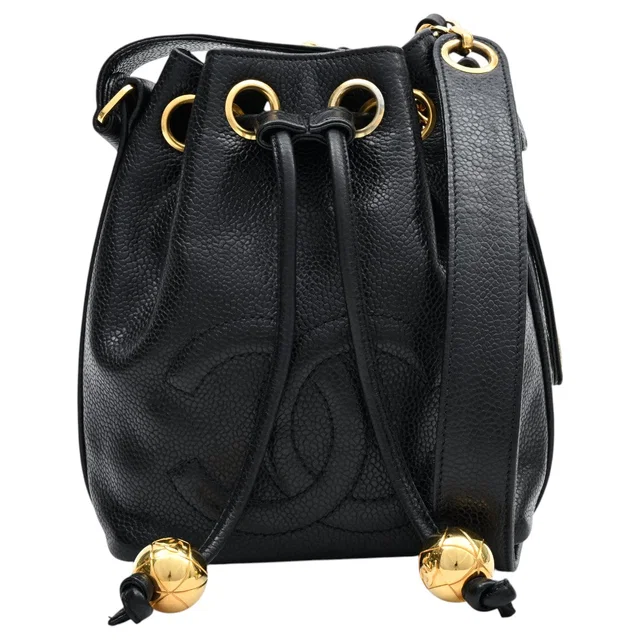 Chanel Circa 1992 Caviar Skin CC Mark Stitch Drawstring Shoulder Bag in Caviar leather from VINTAGE QOO TOKYO