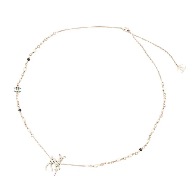 Chanel CC Logo Bambi Motif Long Necklace Gold Plated Rhinestone Faux Pearl in Gold from GALLERY RARE
