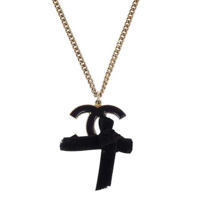 Chanel Gold Black CC Bow Pendant Necklace 07C in Black Velvet from AMORE Vintage Tokyo