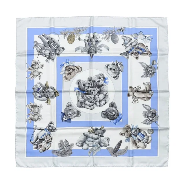 Hermès Scarf Carre 90 Friends of the Heart Teddy Bear Blue White Confidents in White Silk from The Reluxe