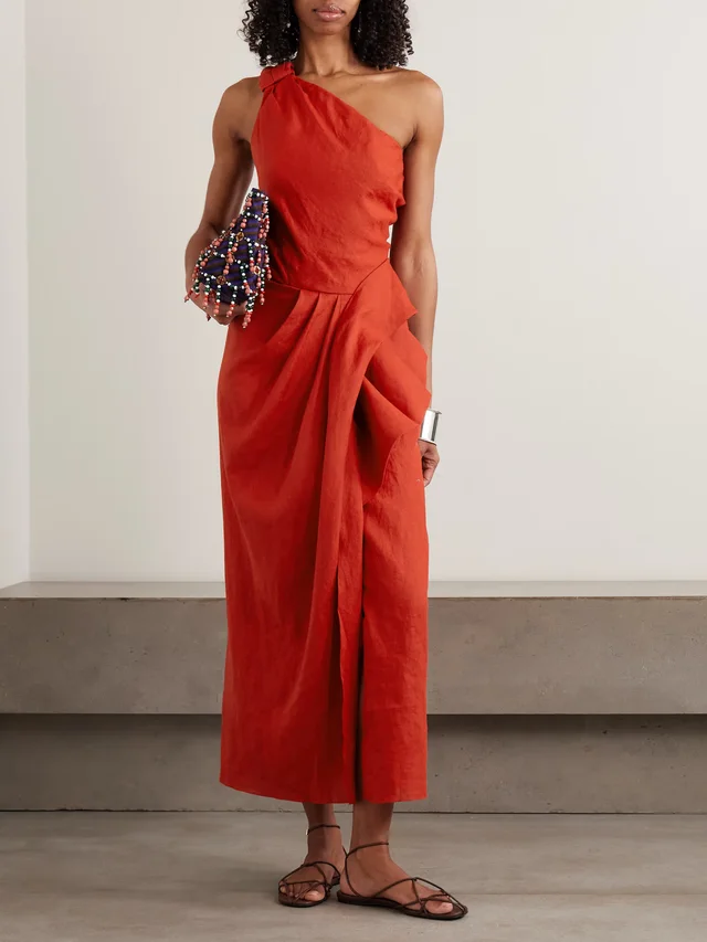 JOHANNA ORTIZ Salsero one-shoulder knotted ruffled draped linen midi dress in Red, photo 2 of 2 from NET-A-PORTER (Canada)