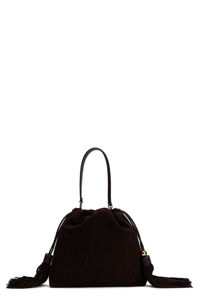 Etro Embroidered Leather With Tassels Shoulder Bag — Brown in Brown Leather from HEWI