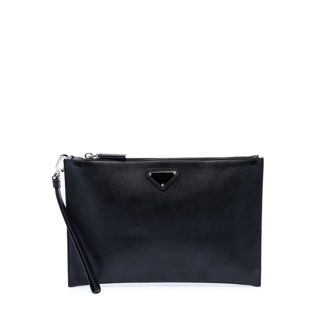 Black Prada Saffiano Wristlet Clutch in Black Saffiano leather from Designer Revival