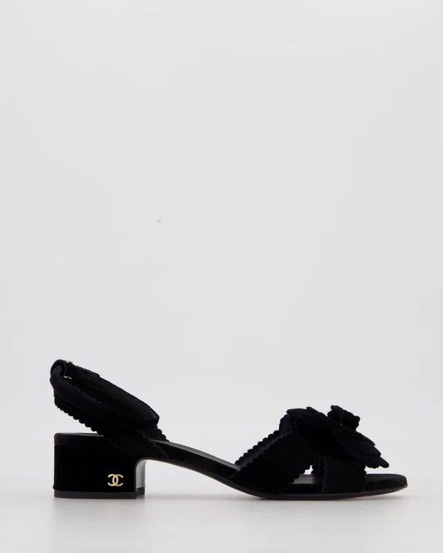 Chanel 24B Black Velvet Camelia Sandals with Pearl and CC Details Size EU 37.5C in Black Velvet from Sellier