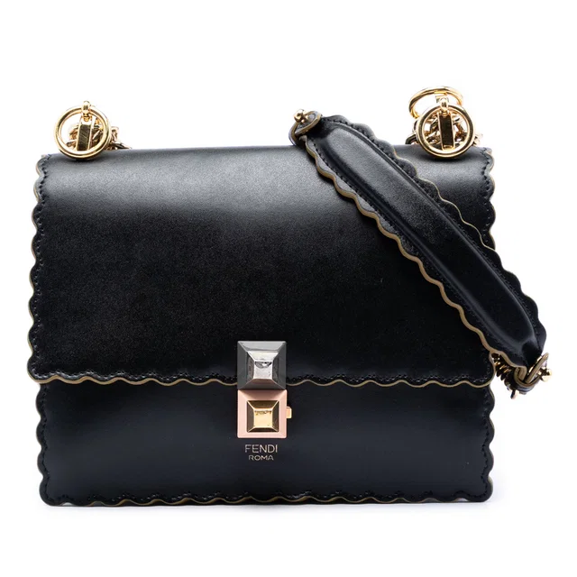 Black Fendi Small Scalloped Leather Kan I Crossbody in Black Leather from Designer Revival