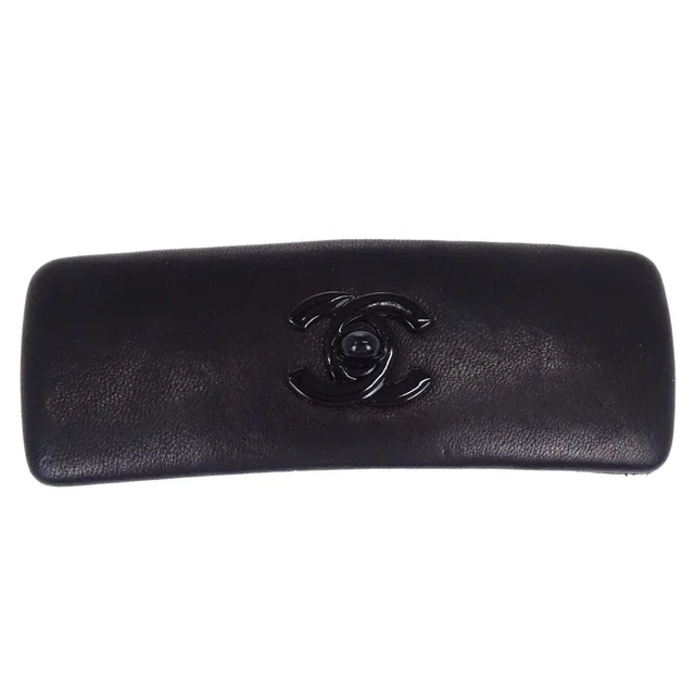 Chanel Hair Clip Barrette Turnlock Black Gold Leather Hair Accessories 61 in Black Leather from AMORE Vintage Tokyo