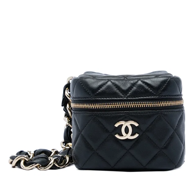 Black Chanel CC Quilted Lambskin Cube Wristlet Vanity Case in Black Lambskin from Designer Revival