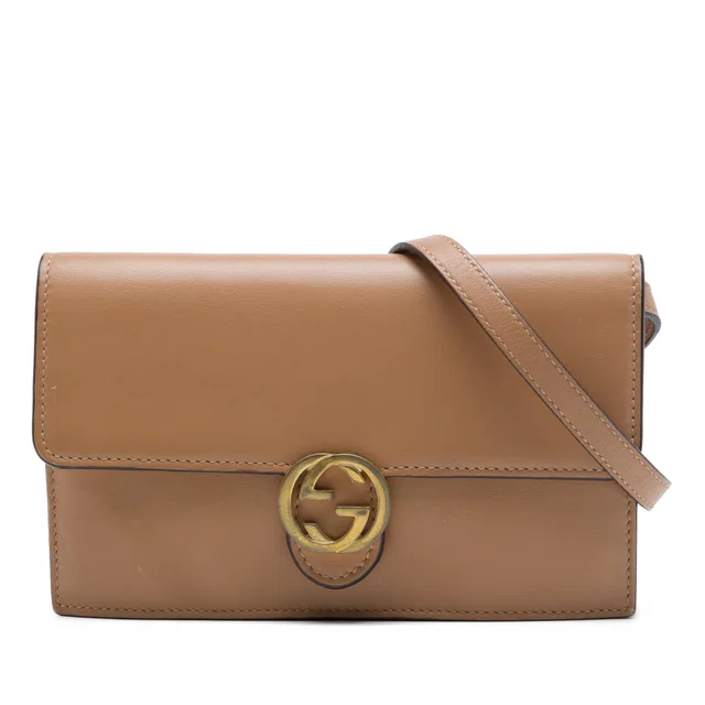 Beige Gucci Calfskin Interlocking G Wallet on Chain Crossbody Bag in Beige Calfskin from Designer Revival