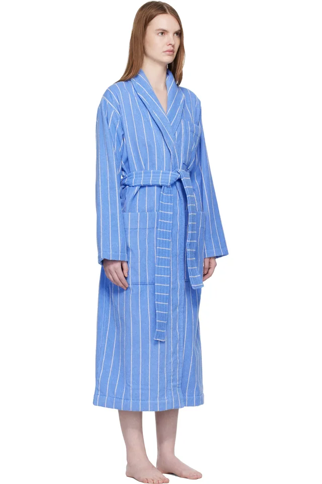 Tekla Blue & White Terry Classic Bathrobe, photo 2 of 4 from SSENSE