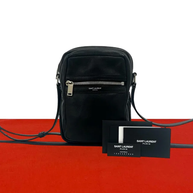 Saint Laurent Sid Logo Leather Shoulder Bag Pochette Crossbody Black in Black Leather from The Reluxe