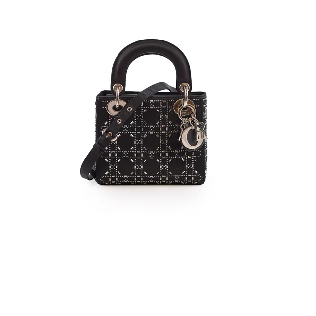 Mini Lady Dior Satin Crystal Black in Black Satin from The Purse Affair