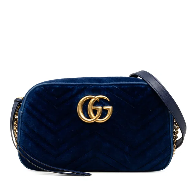 Blue Gucci Small GG Marmont Matelasse Velvet Crossbody in Blue Velvet from Designer Revival